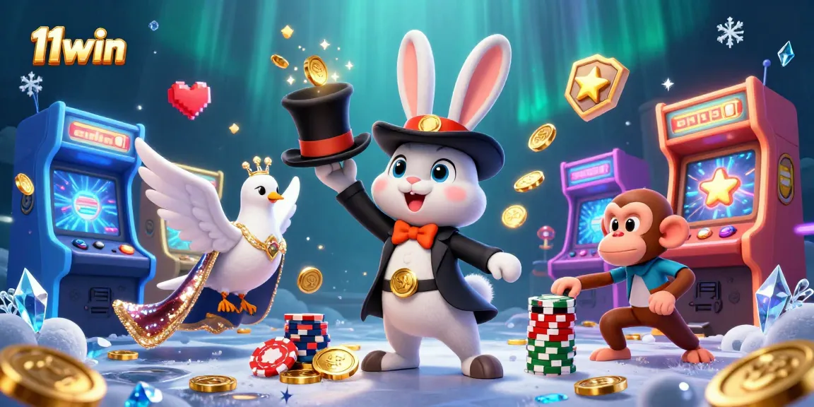 11win showcases a magician rabbit amidst vibrant casino elements, celebrating wins in style.