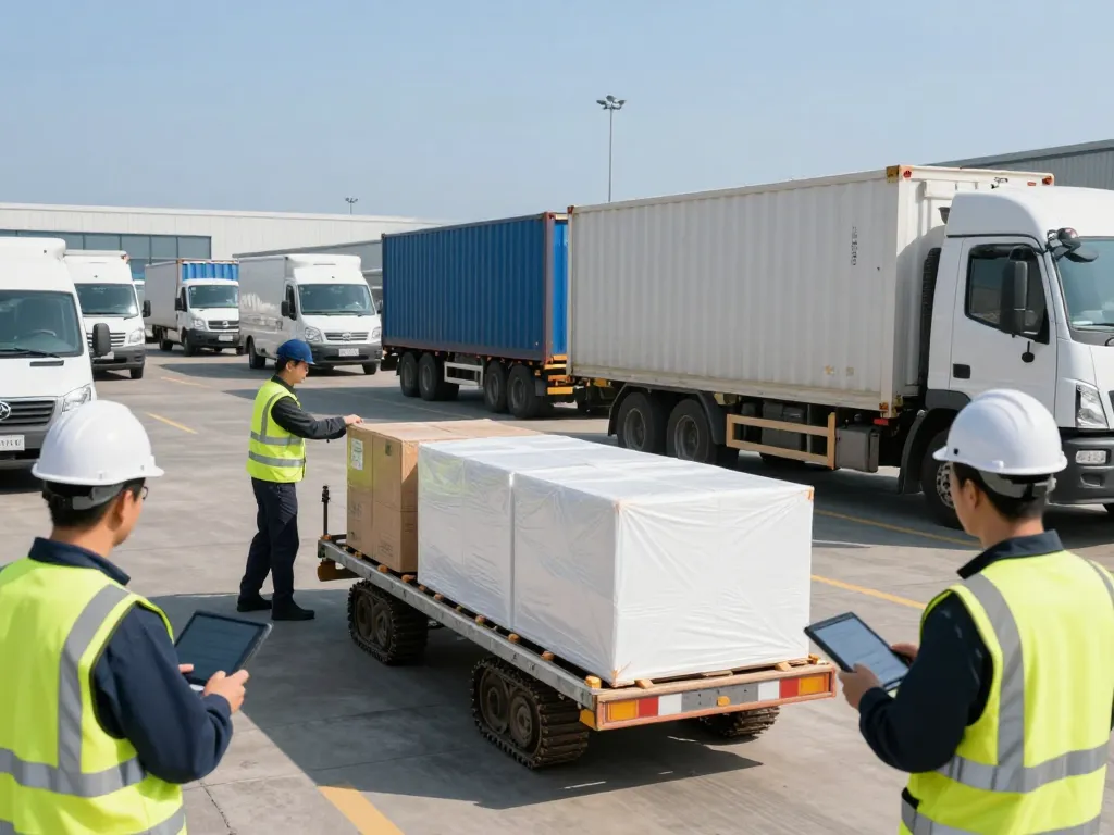 Haulage operation with professional drivers loading tracked vehicles and ensuring timely delivery of goods in an energetic logistics hub.