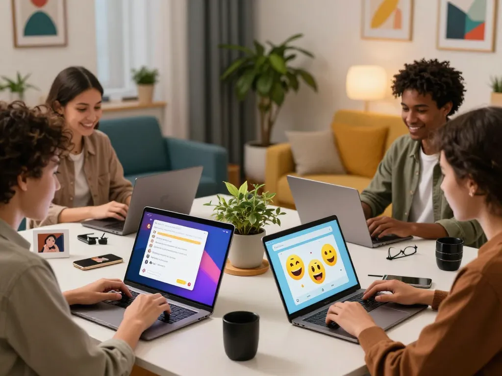 Individuals engaging in NSFW content discussions in a vibrant home office setting, with diverse digital devices.