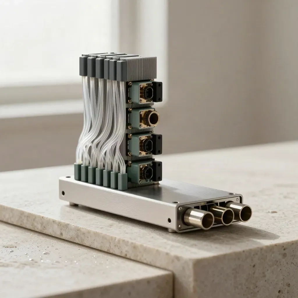 Extreme macro of brushed-aluminum signal relay hardware with fiber jumpers on pale stone.
