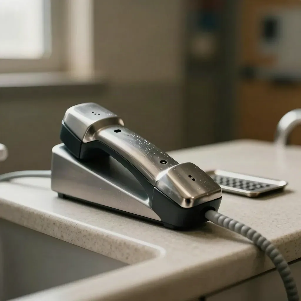 Stainless hospital intercom handset docked beside a metal clip tray on a pale clinical ledge.