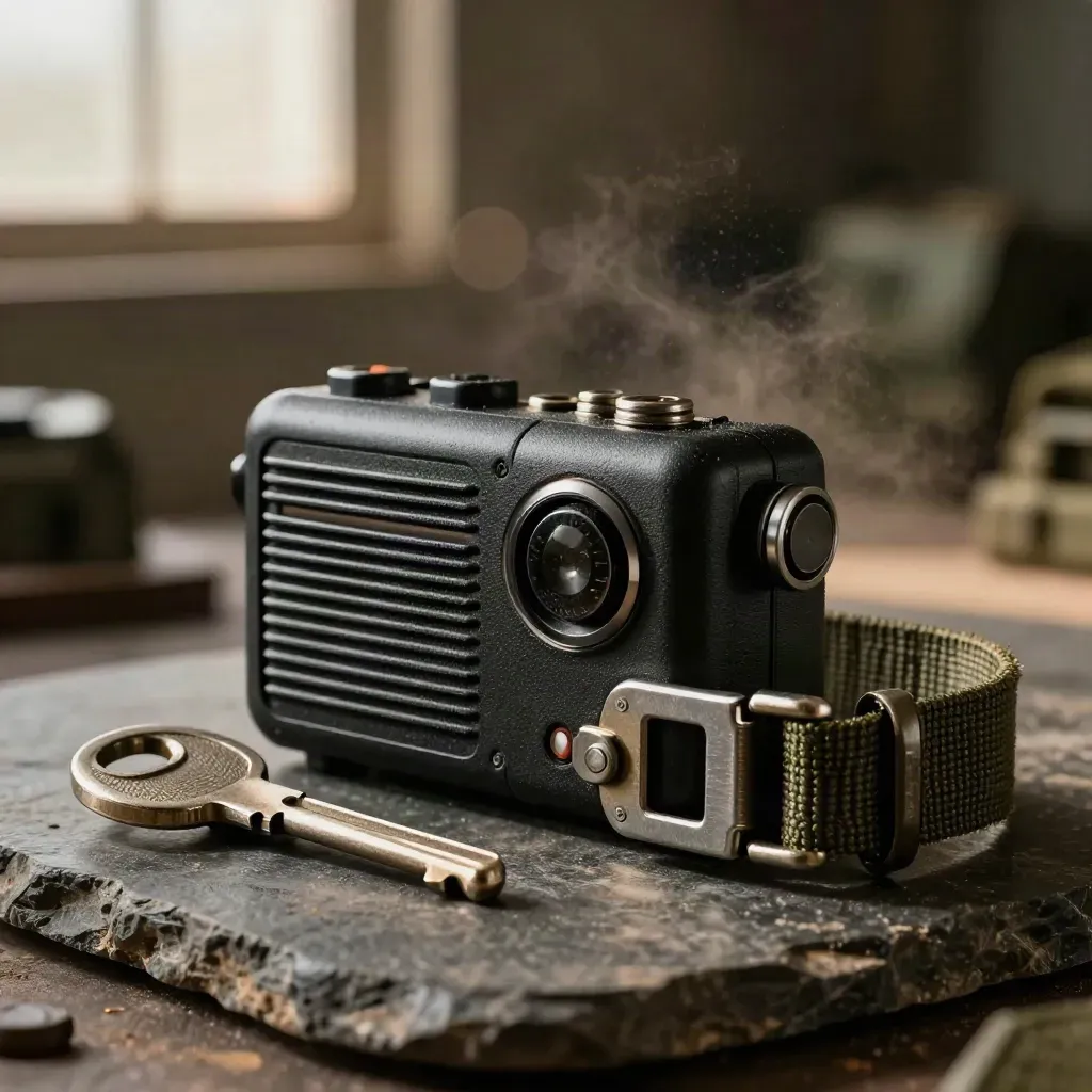 Rugged radio, dock lock and ratchet on dark stone with warm warehouse bokeh.