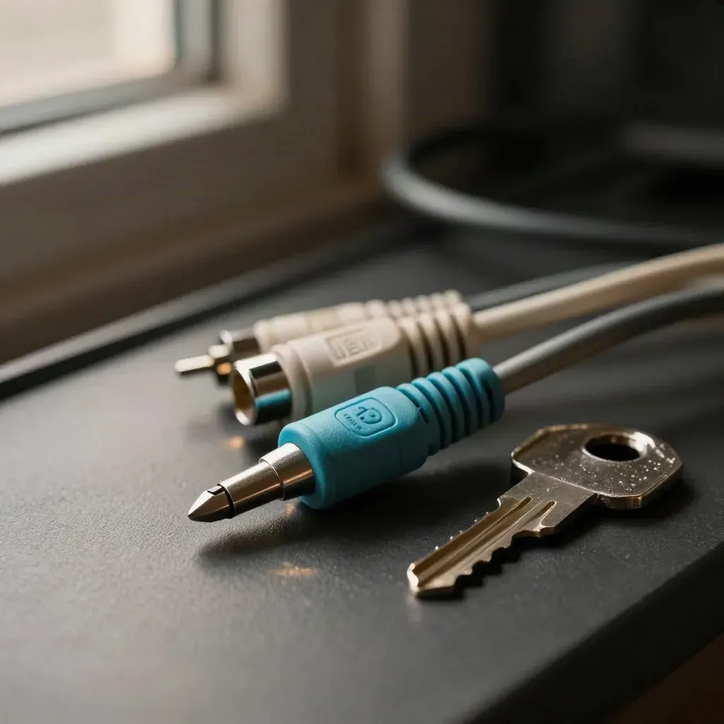 Macro of patch cables, rack key and signal probe on matte charcoal, lit with cyan accent