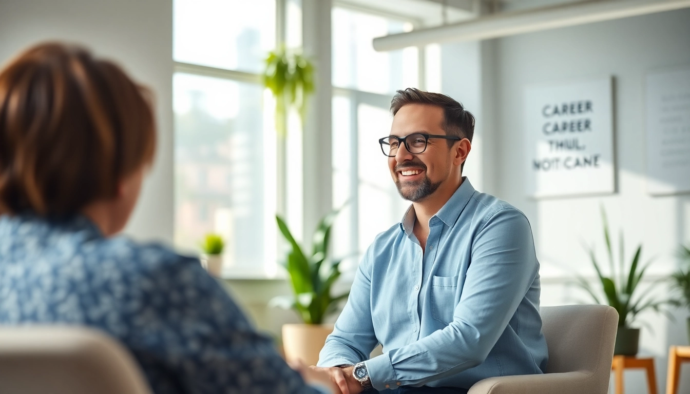 Engaging scene of career coaching with a professional coach aiding a client in a vibrant office.