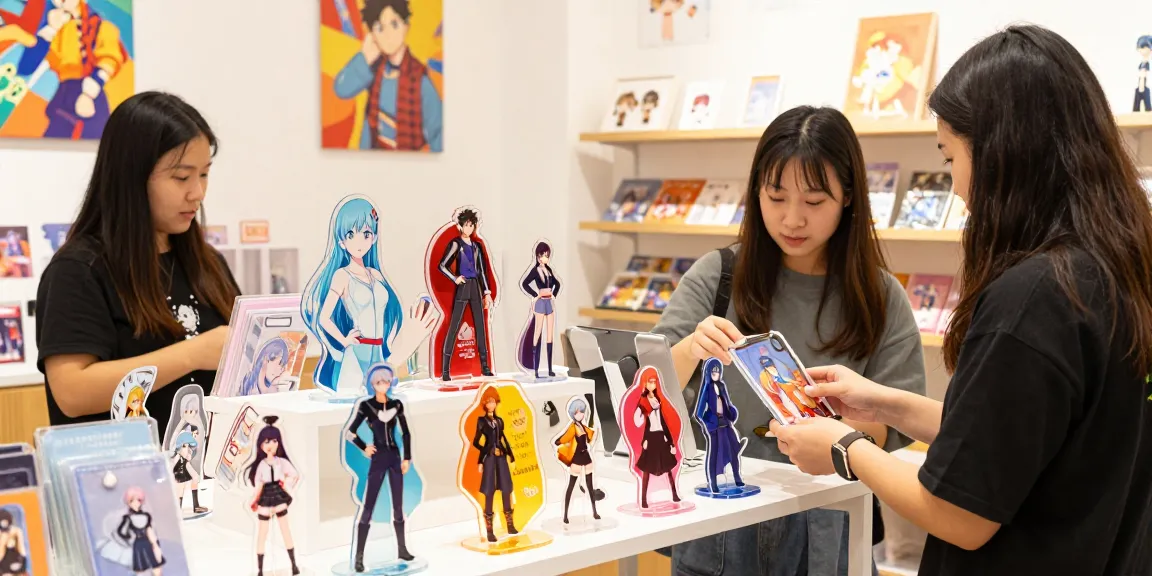 Custom acrylic stand displays highlighting unique designs in a vibrant retail space.