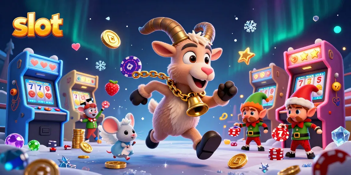Spin the reels at the slot casino in this festive scene featuring Krampus, a mouse, and mischievous elves!