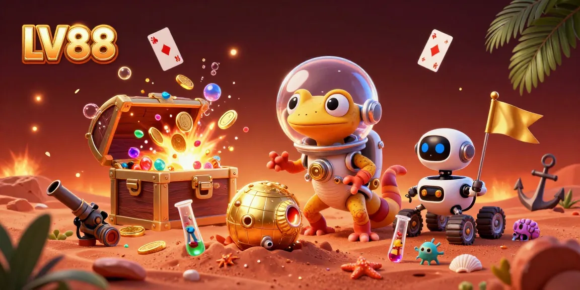 Experience LV88's thrilling gaming atmosphere with a dynamic 3D illustration showcasing a Martian gecko exploring a golden casino.