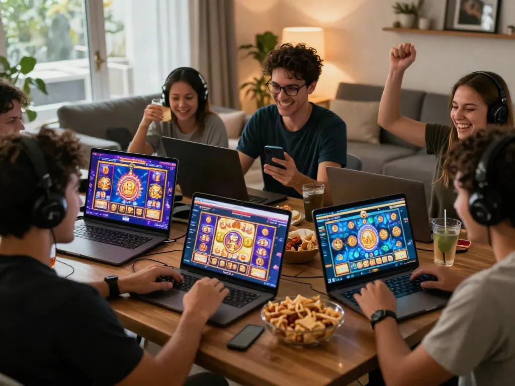 Exciting players enjoying situs slot games on multiple devices in a vibrant living room setting, capturing the joy of online gaming.
