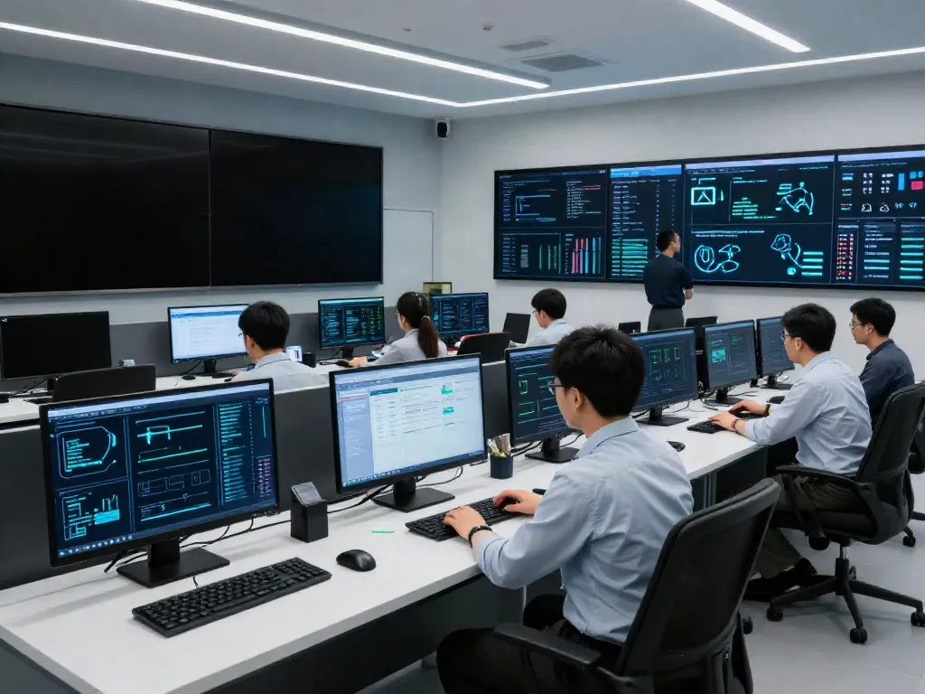 Security configuration review in a high-tech cybersecurity center with engineers analyzing setups.