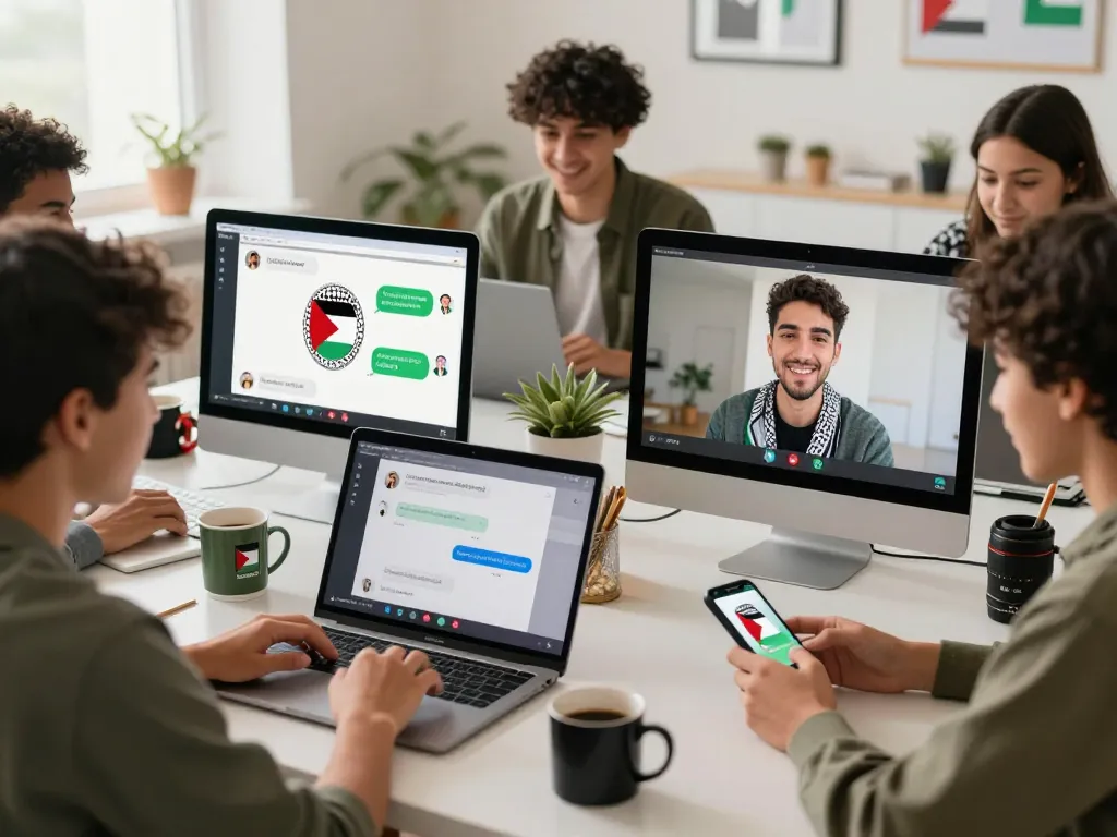 Interactive online chat room scene showcasing شات فلسطين where Palestinian youth connect and engage.