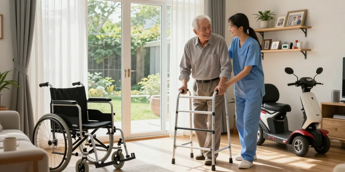 buy nobility aids to enhance independence; elderly man with walker assisted by caregiver