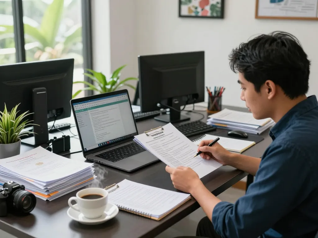 Translation Services in Chiang Mai, expert linguist translating documents in a modern office setting with vibrant local decor
