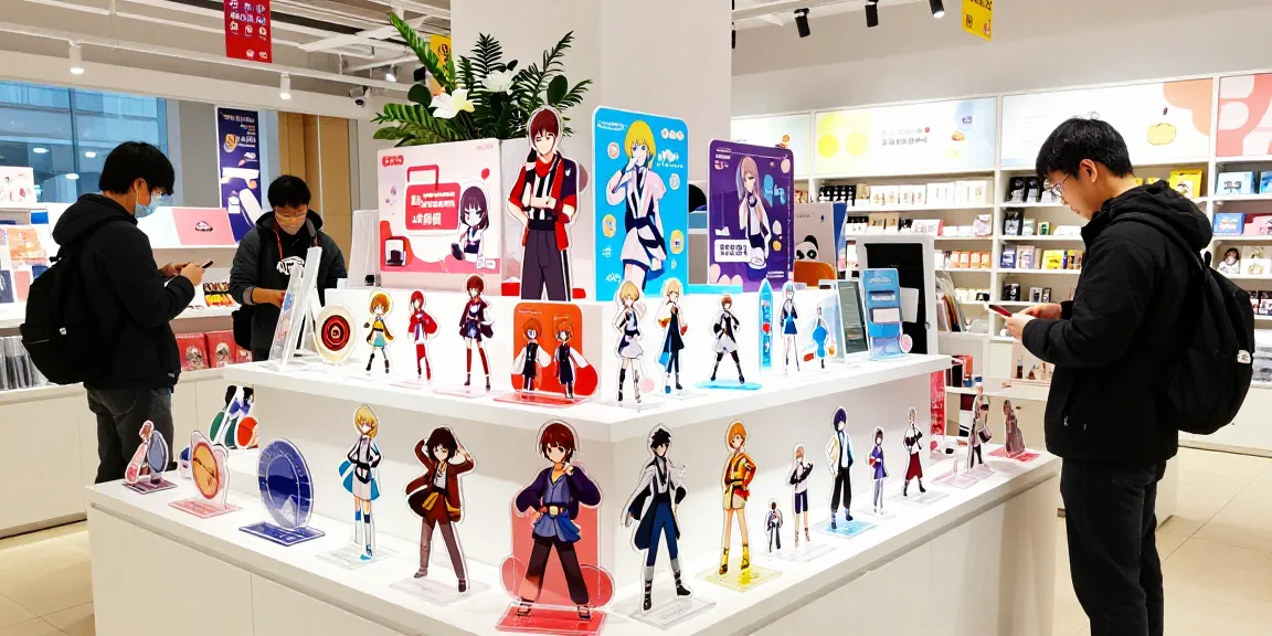 Colorful acrylic standee display in a vibrant retail environment showcasing variety and custom designs.