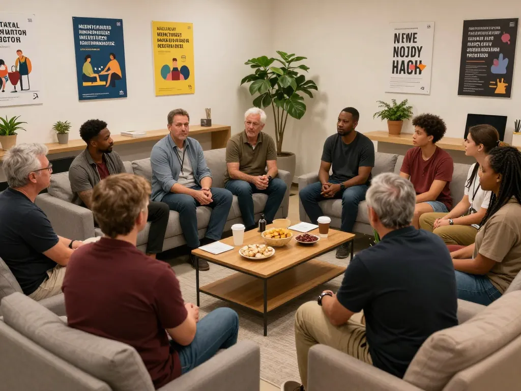 Men's support group meeting in a community setting, fostering connection and sharing experiences at Manclub.