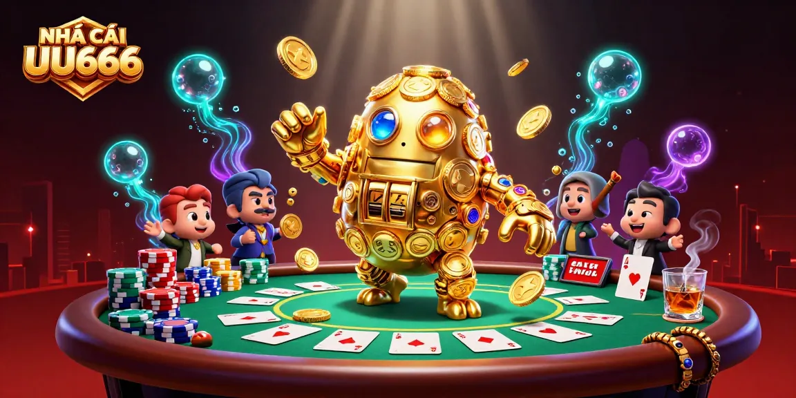 Experience NHÀ CÁI UU666 with a vibrant casino scene featuring a golden golem and poker elements.