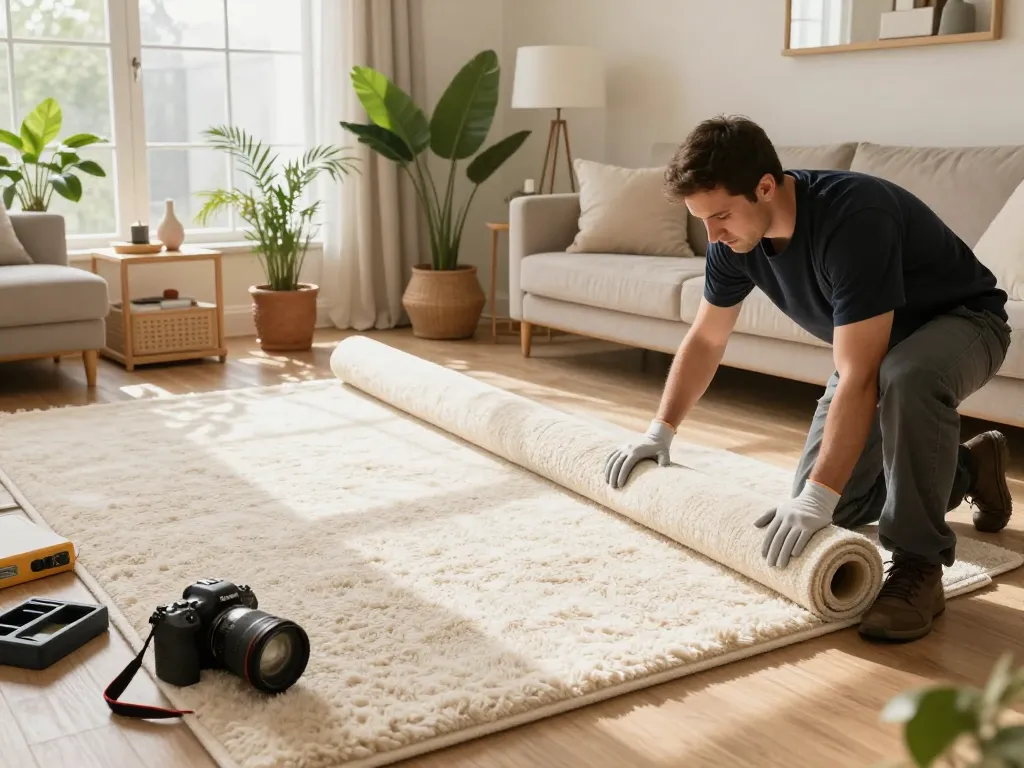 Residential carpet installation happening in a cozy living room with natural light.