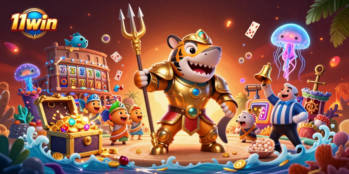 11win showcases a vibrant casino scene with a tiger shark, treasure, and slot elements.