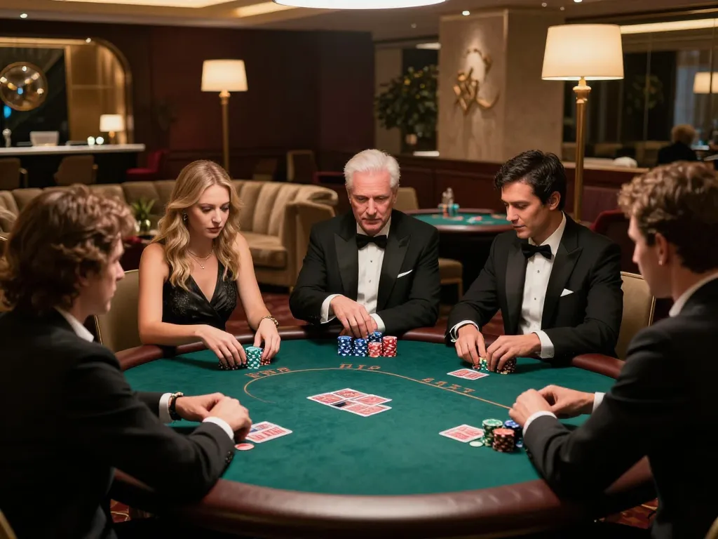 Players strategizing in a man club poker game within an elegant casino lounge.
