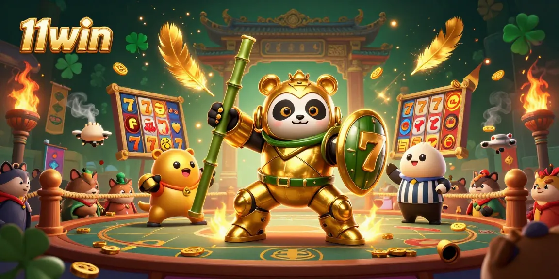 Engage with 11win's immersive gambling experience featuring a golden panda and dynamic game elements.