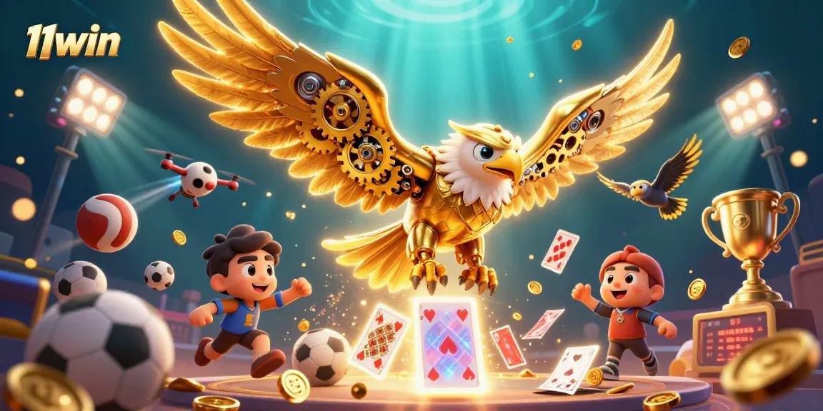 Experience thrilling sports betting action with 11win, featuring a golden eagle amidst holographic cards.