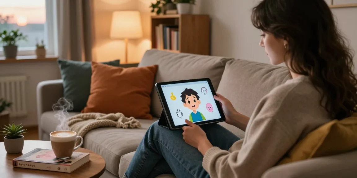 A cozy home scene featuring virtual interaction with sexting AI on a tablet, complemented by warm lighting and personal elements.