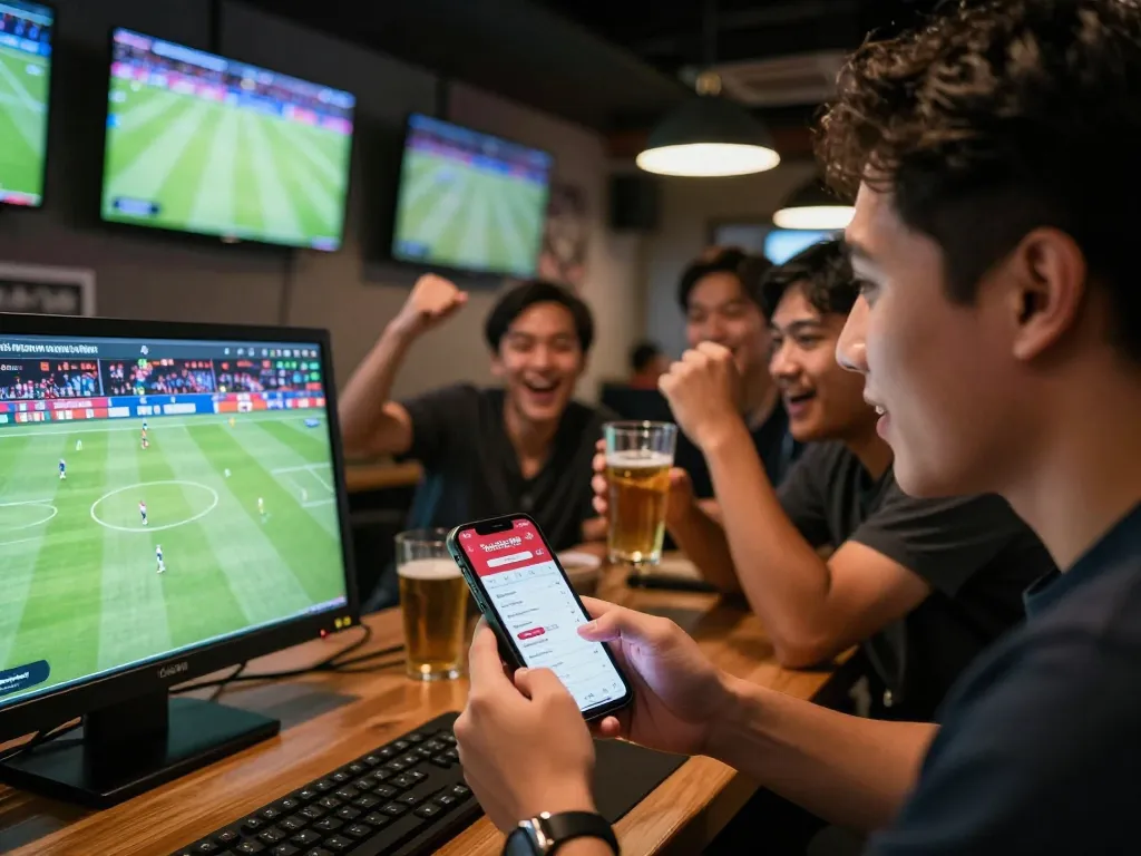 Momen menarik seorang penggemar taruhan olahraga menggunakan aplikasi taruhan untuk Taruhan Bola, merayakan bersama teman-teman di bar olahraga yang ramai.