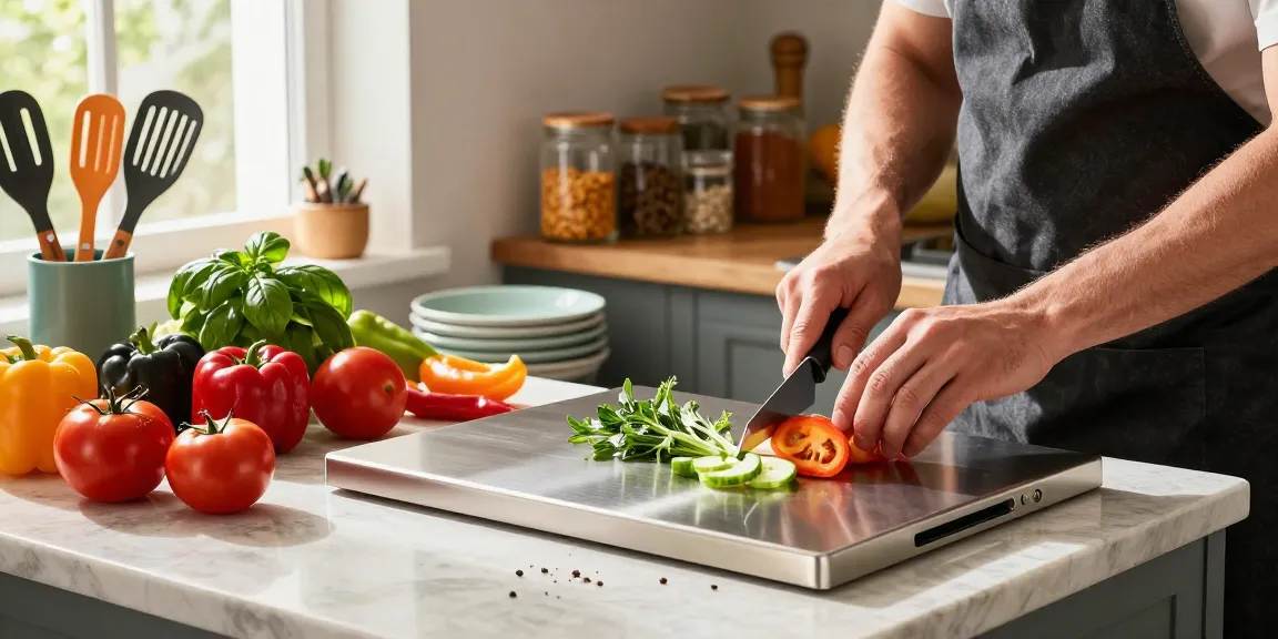 Home cook using a titanium cutting board to slice fresh vegetables in a bright, inviting kitchen.