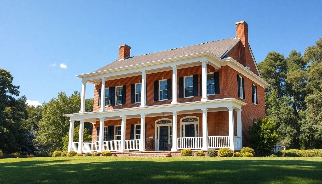 Showcasing colonial home construction with elegant columns and a manicured lawn.