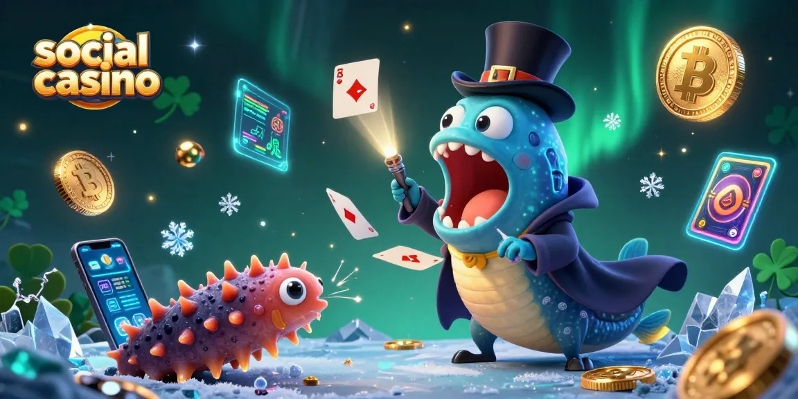 Engage in a social casino experience with vibrant 3D characters performing magic tricks and showcasing crypto elements.