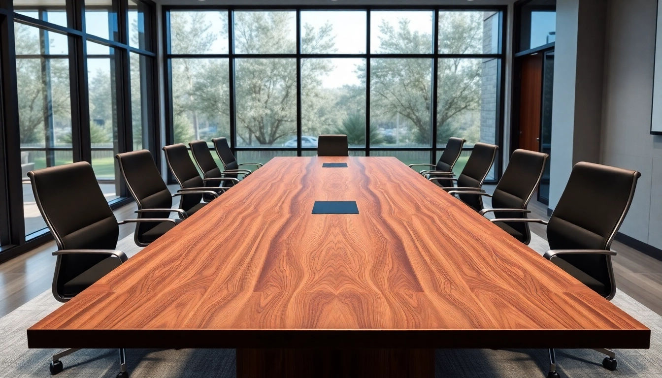 Custom conference table crafted from walnut in a modern office setting.