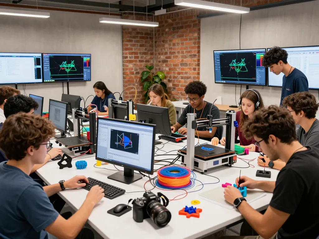 Dynamic 3D printing workshop showcasing engineers collaborating on innovative designs and prototypes.