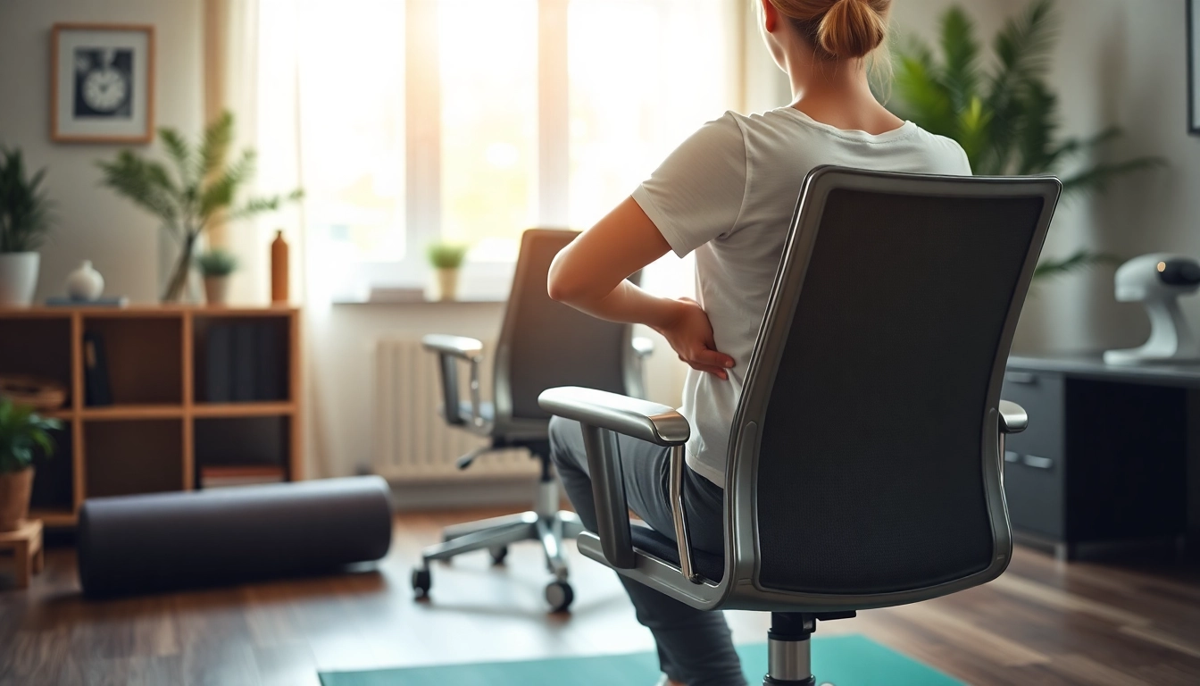 Engaging scene illustrating lower back pain treatment with ergonomic settings and supportive elements.