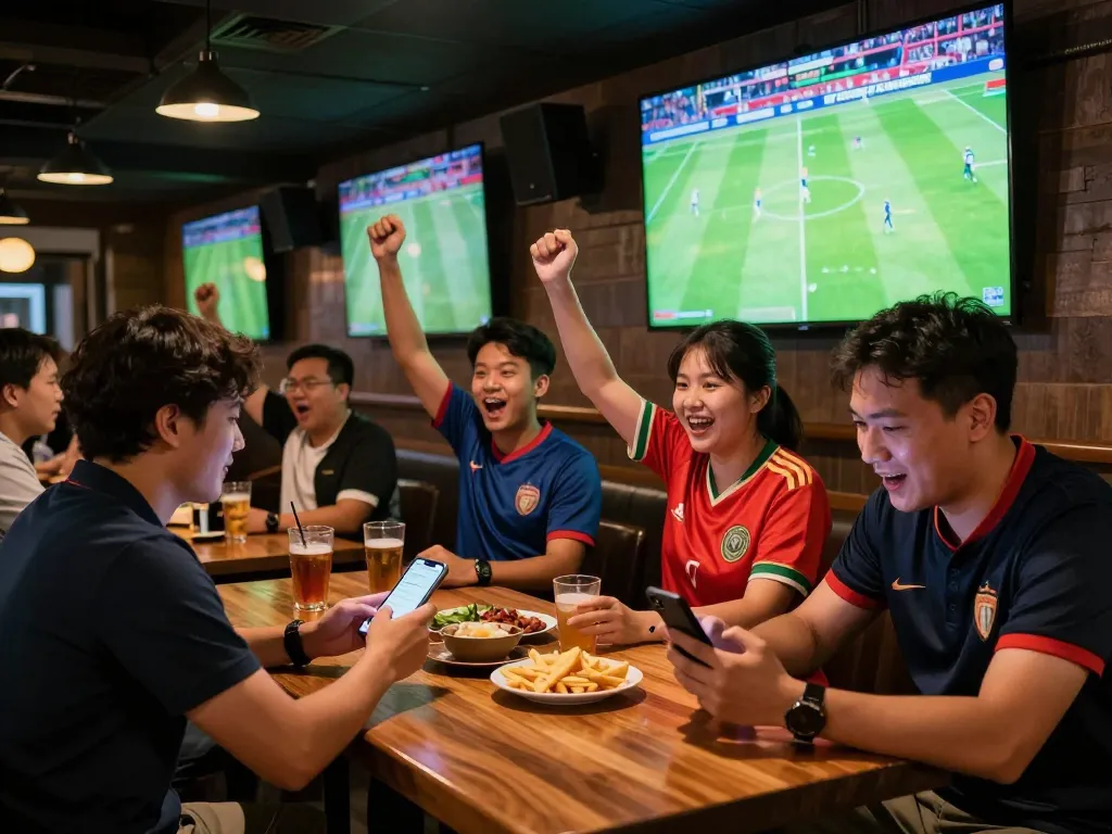 Pelanggan yang bersemangat terlibat dalam taruhan Judi Bola di bar olahraga yang ramai