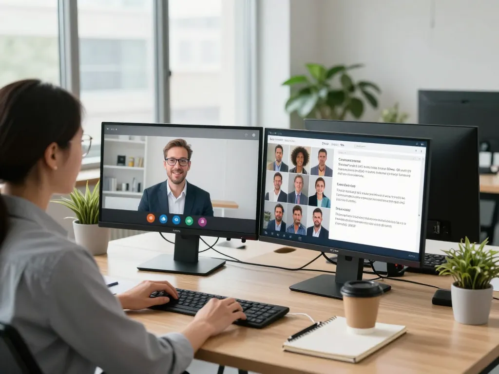 HR professional using AI voice interviewer during a candidate call in a modern office