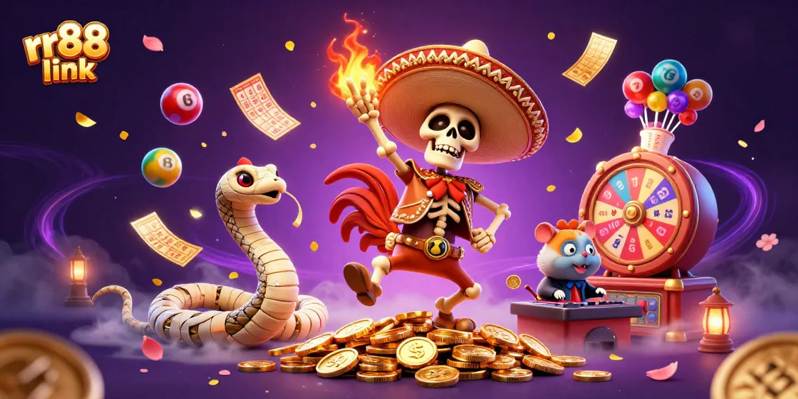 Celebrate big wins with the rr88 link; dynamic scene of a gambling festivities with vibrant characters and effects.