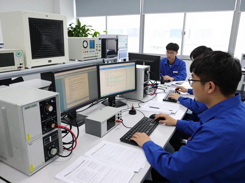EMC testing team analyzing results for CE marking compliance in an advanced lab.