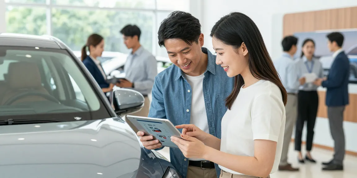 Couple reviewing car history check UK report in a dealership.