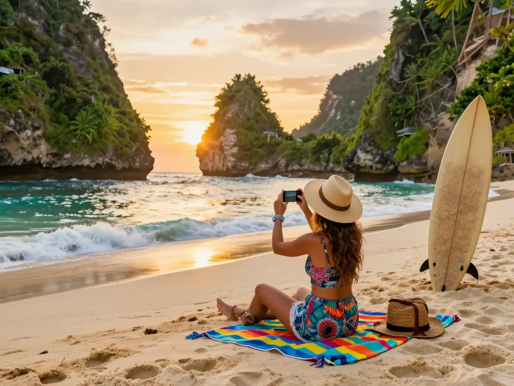 Best Bali tour packages showcasing an adventurous traveler at Kelingking Beach during sunset