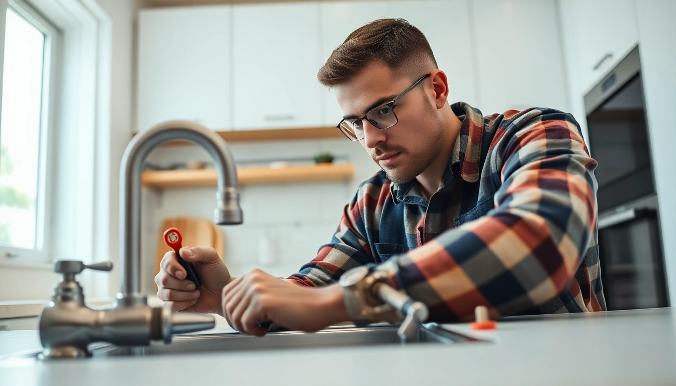 Efficient plumber near me repairing a kitchen sink with essential tools in a bright setting.