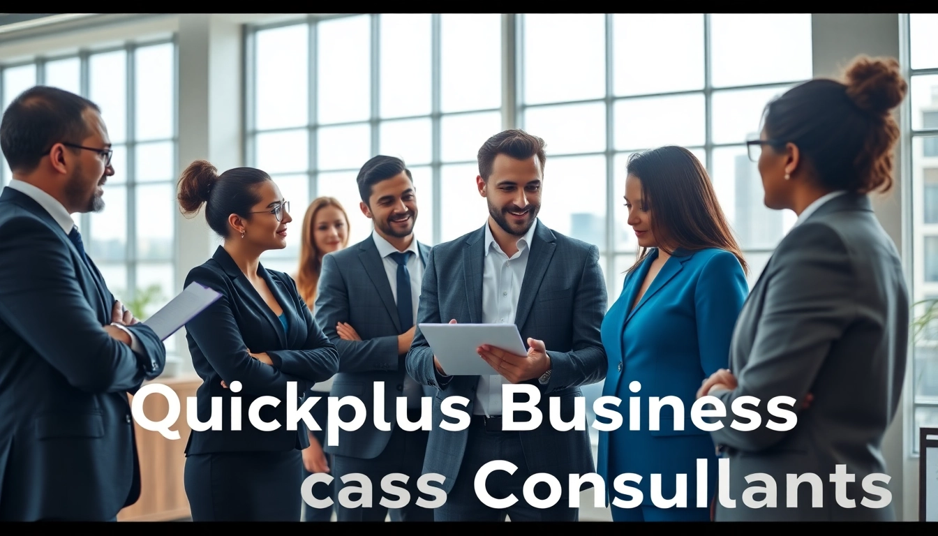 Team of Quickplus Business Consultants collaborating in a bright office setting.