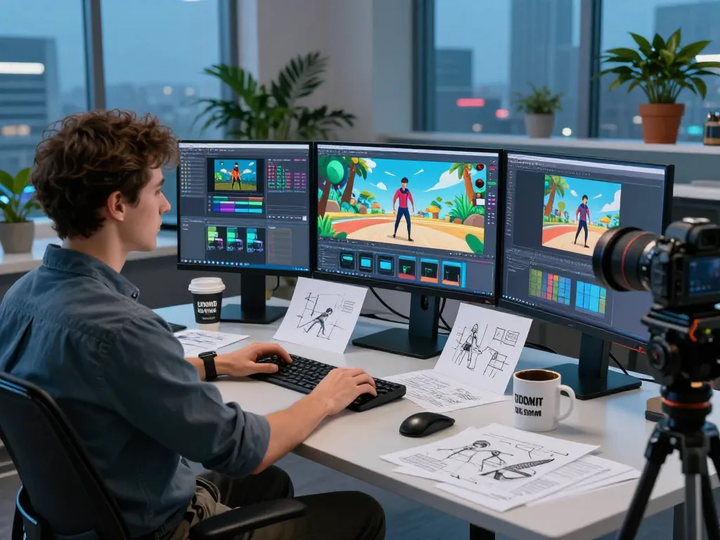 Creating cutting-edge videos with Kling motion ai in a vibrant tech studio.
