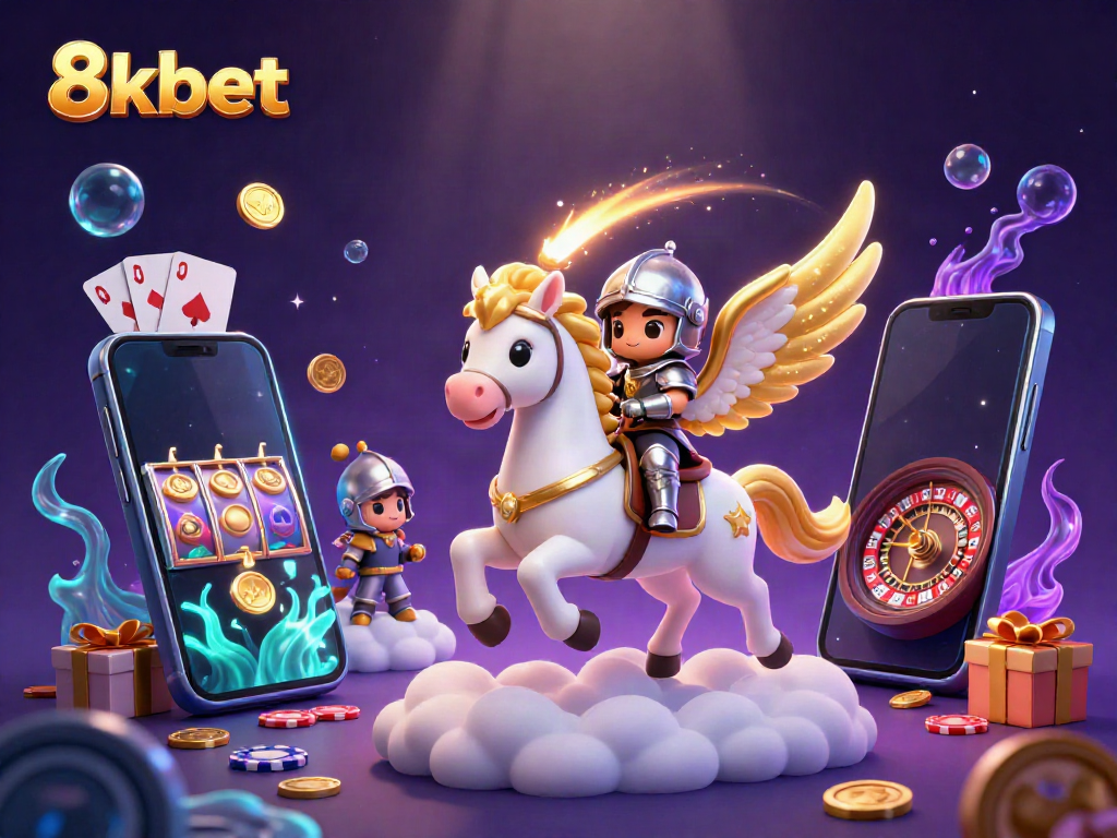 Join the 8xbet experience with a celestial horse, armored knight, and vibrant gambling elements.