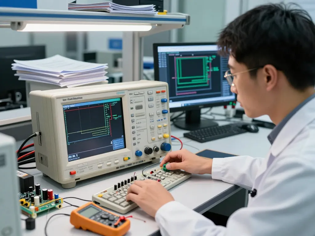Technician analyzing signals using a digital oscilloscope, demonstrating what is a digital oscilloscope in a professional electronics lab.