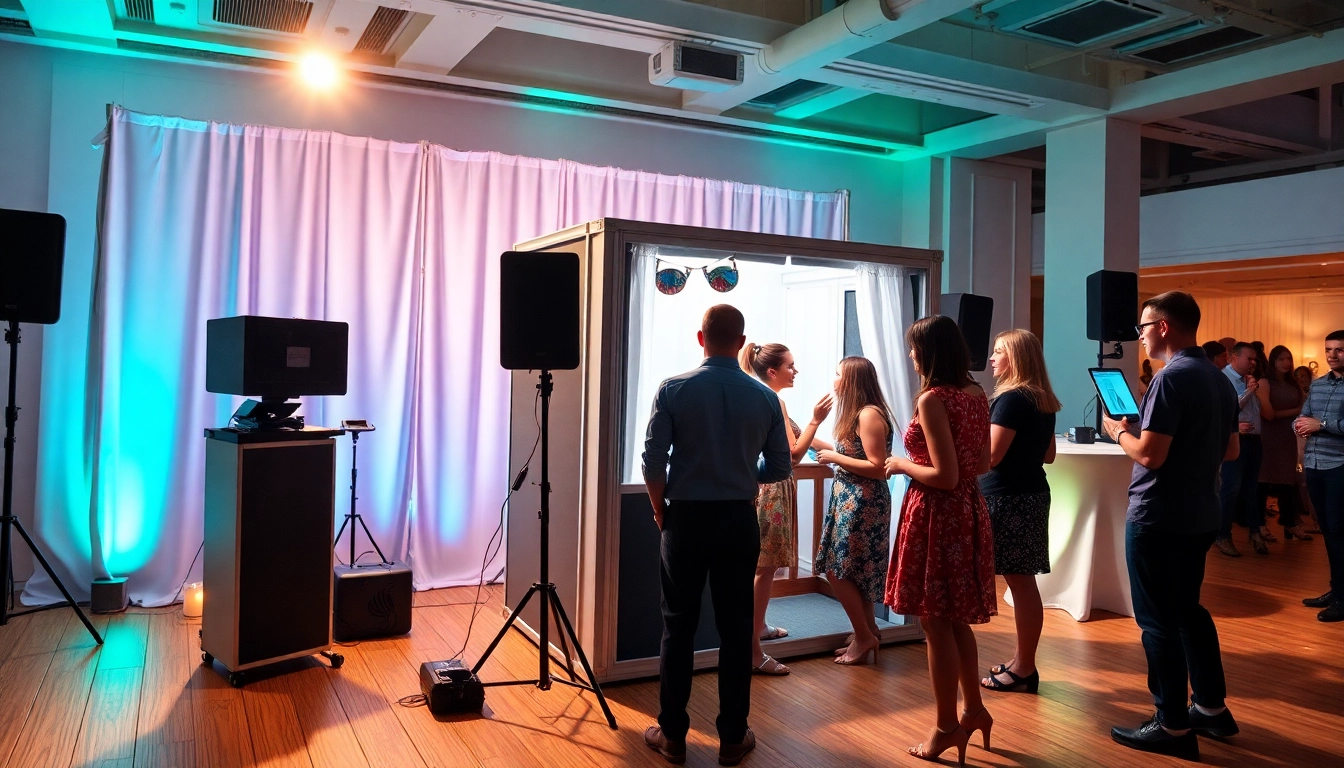Engaging photo booth rental experience at a lively event with fun props and a vibrant backdrop.