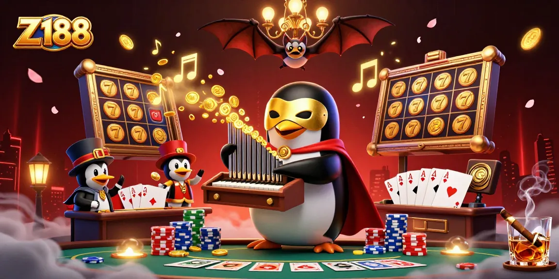 Play slots and win with Z188's engaging 3D casino illustration featuring a penguin and luck symbols.