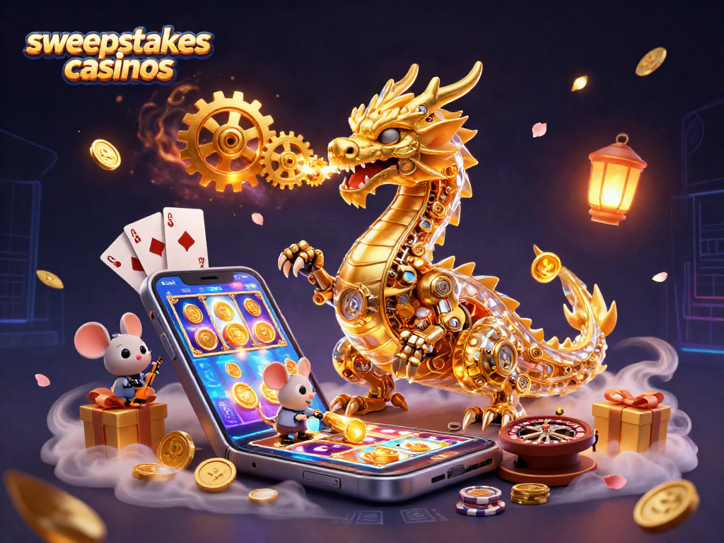 Sweepstakes casinos illustration showcasing a golden dragon and gaming elements in a vibrant 3D scene.