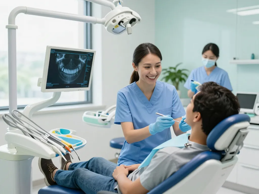 Dental clinic providing a welcoming atmosphere with a dentist and patient interaction during a check-up in a modern setting.