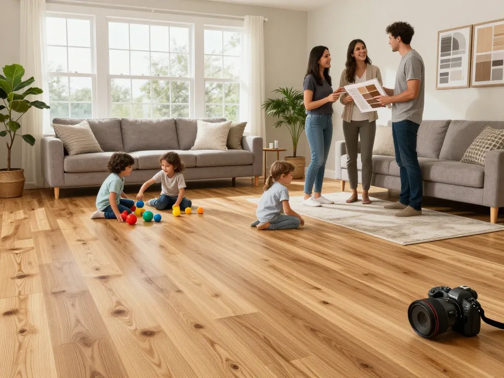 Flooring specialists near me engaging with family in a beautiful home showcasing hardwood flooring installation.