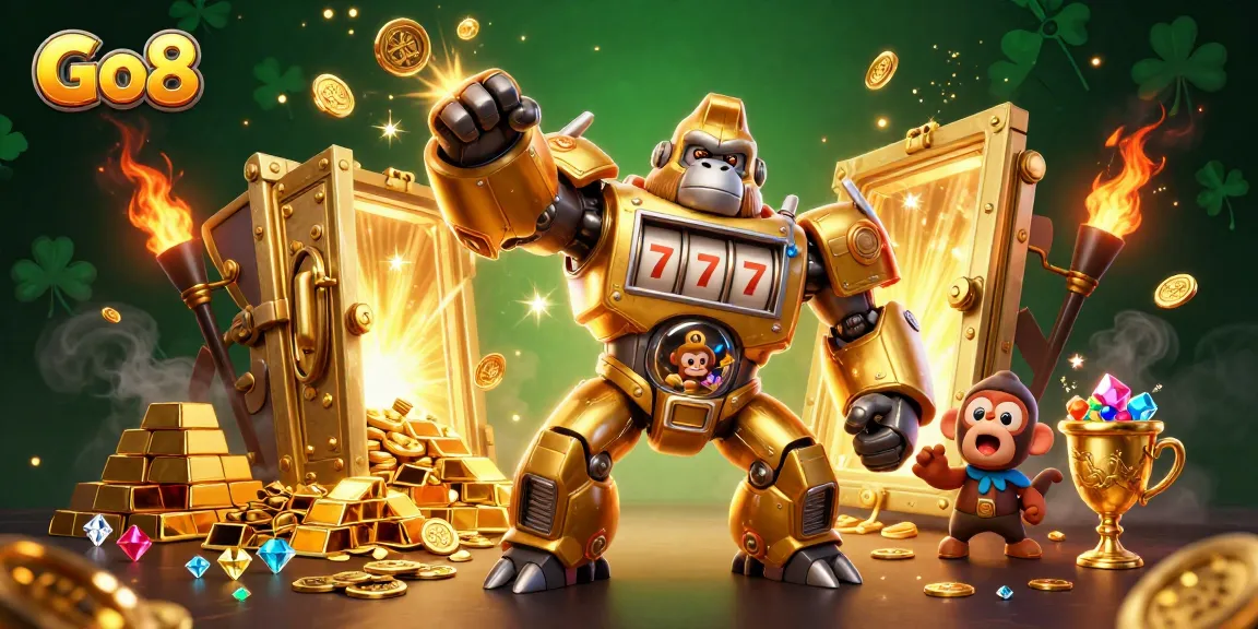 Engage with Go8's exciting golden gorilla mech while discovering incredible casino prizes!
