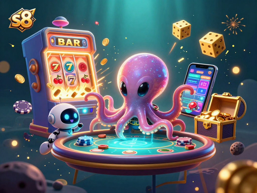 S8 promotes thrilling gameplay with a 3D octopus and robot at a holographic poker table, bursting slot machine, and cosmic chips.